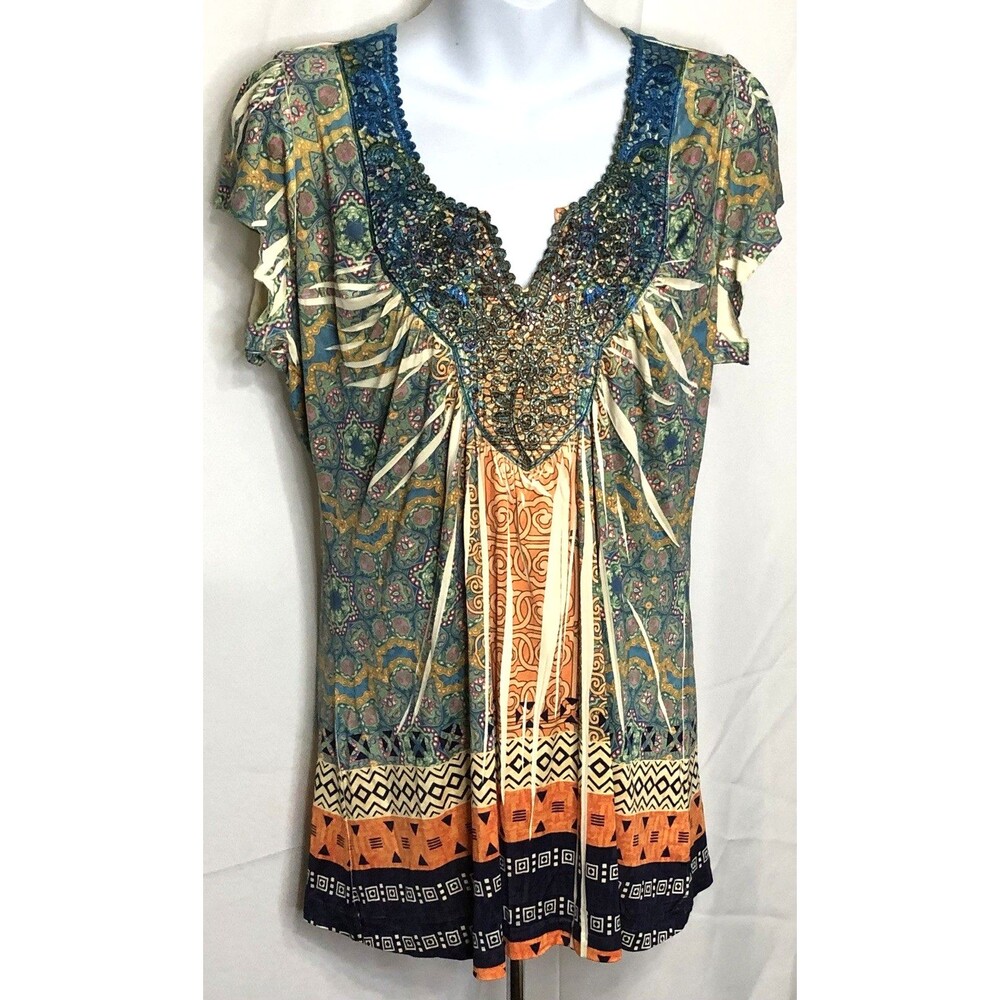 Vintage Apt 9 Butterfly Top L Orange Green Geo Beaded Pleats Y2K Boho Hippie